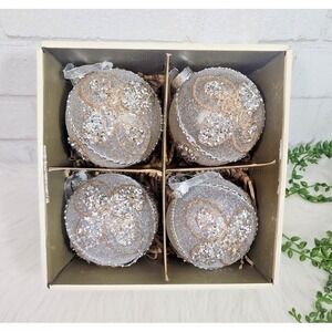 Christian Siriano Silver Gold Beaded Christmas Ornaments 4 Pc Glass Ball 4" NEW‎